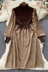 Ensemble élégant deux pièces à imprimé floral, robe longue en patchwork tricoté, robe vintage